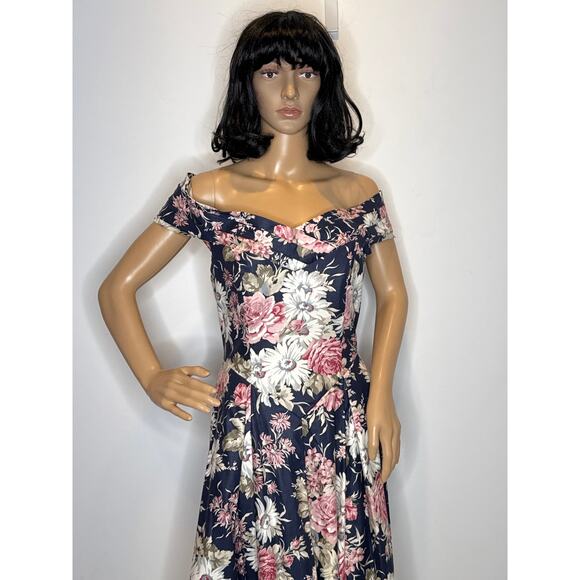 1990s Laura Ashley Floral Off-Shoulder Open Back Fit Flare Maxi navy Dress small - Picture 8 of 14
